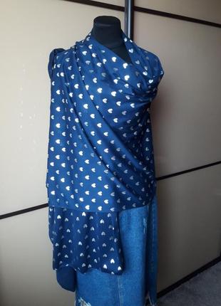 Платок палантин шарф шаль синий в принт серебряное сердечко ❤3 фото