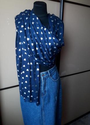Платок палантин шарф шаль синий в принт серебряное сердечко ❤1 фото