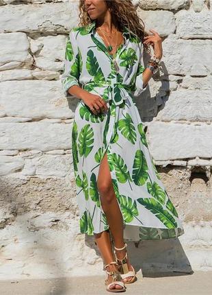 Платье лёгкое халат на пуговицах с поясом длинное с листьями для города для пляжа s m l xl1 фото