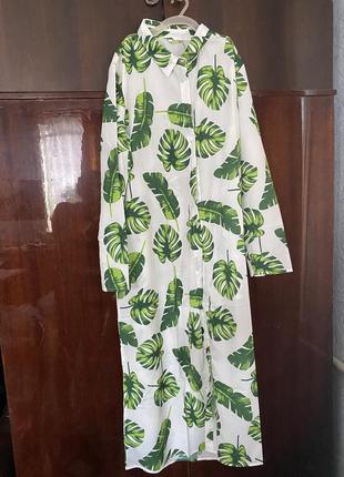 Платье лёгкое халат на пуговицах с поясом длинное с листьями для города для пляжа s m l xl4 фото