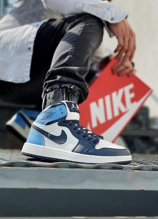 Отличные мужские высокие кроссовки nike air jordan 1 retro синие с белым