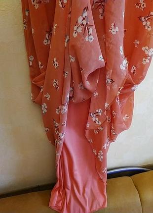 Шикарное красивое эффектное кораловое длинное платье в пол  в цветочек сарафан5 фото