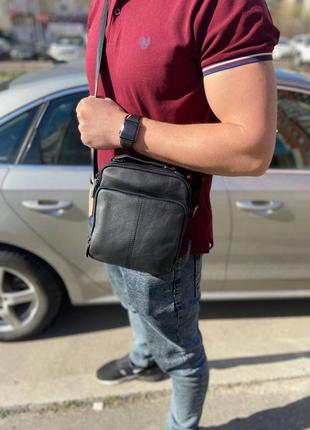 Чоловіча шкіряна сумка через плече з ручкою tiding bag a25f-6777a чорна3 фото