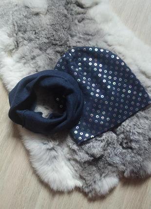 Новий польський набір дівчинці, легка шапка в паєтки та однотонний хомут