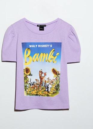 Футболка zara лиловая bambi новая лавандовая мультяшный принт disney зара m 38 46