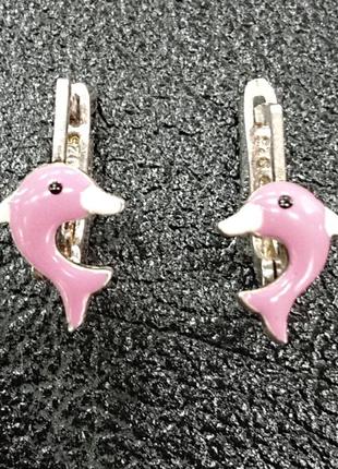 Детские серебряные серьги дельфинчики с заливкой из эмали