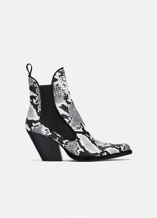 Женские ботинки казаки змеиный принт от бренда zara