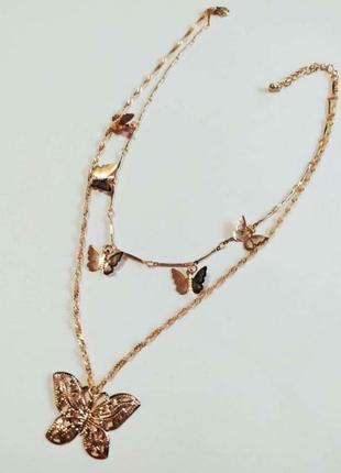 Двойная цепочка бабочки многослойное ожерелье колье с подвесками из бабочек9 фото