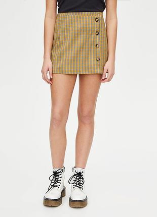 Желтая мини юбка в клетку с пуговицами m яркая короткая стильная