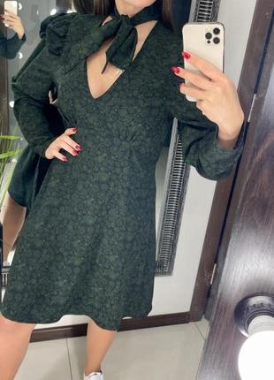 👗тёмно зелёное платье миди в цветах с декольте/зелёное платье длинный рукав воланы👗