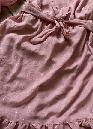 Милое розовое платье из шифона с подкладной и пояском3 фото