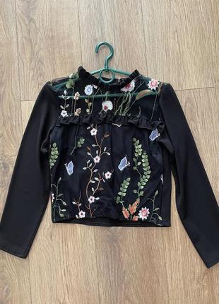 Блуза дитяча кофта ошатна чорна вишивка візерунок квіти принт