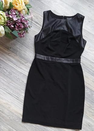 Шикарное женское черное платье сарафан с кожаными вставками р.44/461 фото