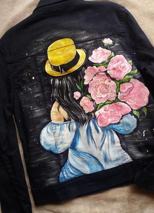 Джинсовка р.с-м девушка с пионами ручная роспись