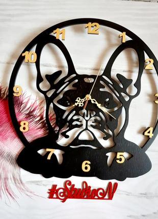 Часы деревянные "французский бульдог" с декором 40 см.4 фото