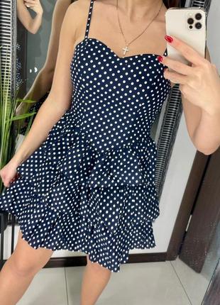 👗короткое синее платье в горошек на резинке/синее платье корсет бюстье в горох с рюшами👗