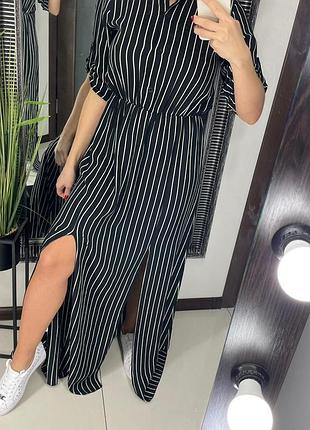 👗стильное длинное чёрное платье-рубашка в полоску с разрезами/полосатое платье в пол👗