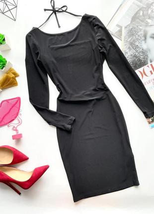 👗чёрное платье мини длинный рукав/короткое чёрное платье с вырезом на спине на завязках👗7 фото