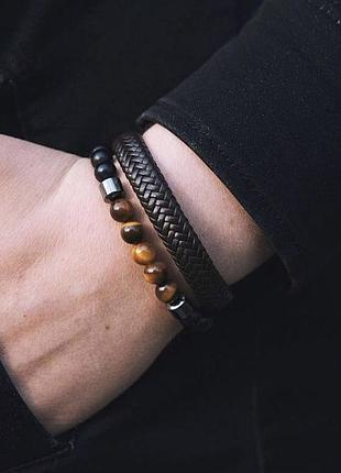 Чоловічі браслети (комплект), шкіряний браслет, кам'яний браслет