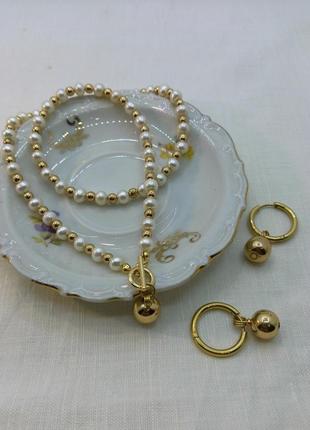 ♥️ комплект кольє з перлів сережки з підвісками намисто перли ожерелье из жемчуга1 фото