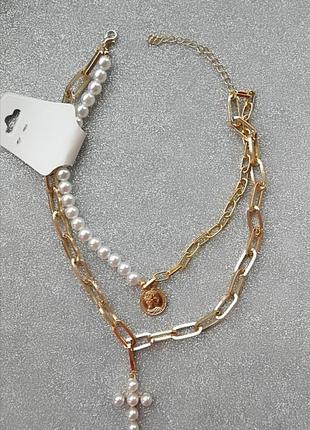 Шикарное ожерелье цепочка с крестом и жемчугом2 фото