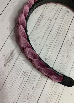 Обруч ободок для волос бархатный косичка розовый1 фото