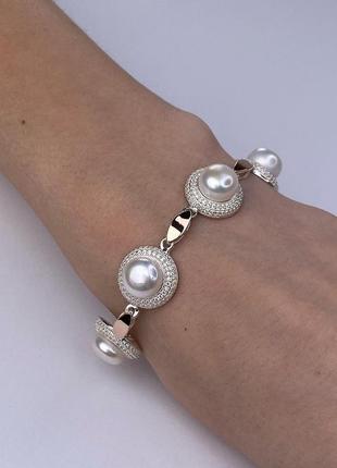 Срібний браслет з натуральними перлами і золотими пластинами, 925, срібло