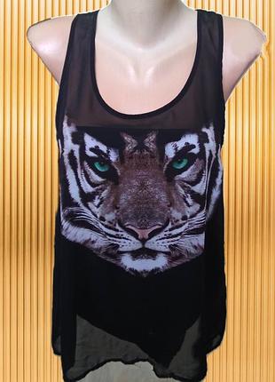 Прозрачный черный топ divided с креативным принтом/cвободная летняя маечка с тигром
