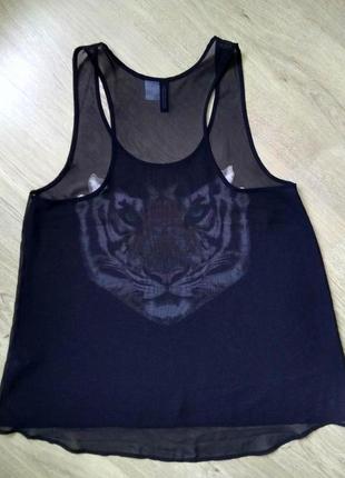 Прозрачный черный топ divided с креативным принтом/cвободная летняя маечка с тигром