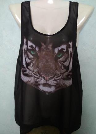 Прозрачный черный топ divided с креативным принтом/cвободная летняя маечка с тигром