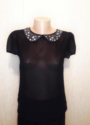 Шифонова чорна блуза блузка з коміром в каменях