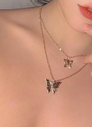 Двойная цепочка бабочки золото, многослойная цепочка с подвесками из бабочек4 фото