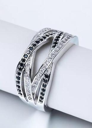 Кольцо с белыми и чёрными кристаллами, 925 проба