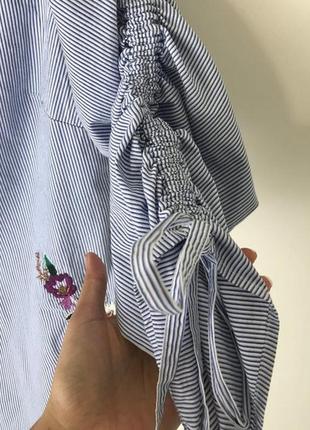Рубашка-вышиванка с v-вырезом и рукавами на кулиске ( мелкая полоска) l2 фото