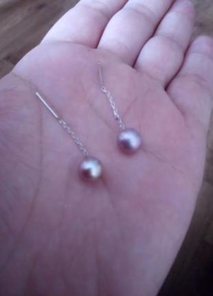 Ніжні срібні сережки з натуральним ліловим перлами4 фото