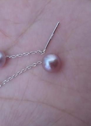 Ніжні срібні сережки з натуральним ліловим перлами2 фото