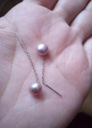 Ніжні срібні сережки з натуральним ліловим перлами3 фото