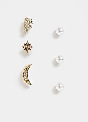 🌛⭐️ набір 3 пари сережок з перлами, кристалами, хмариною, місяцем і зіркою pieces