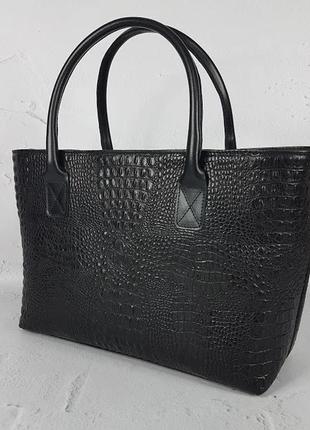 Кожаная сумка tote на молнии, натуральная кожа черная с тиснением под крокодила