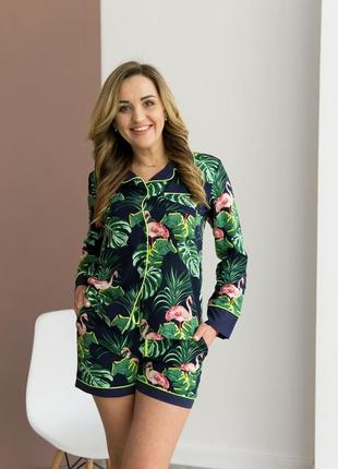 Дуже стильна та зручна піжама фламінго, сорочка+шорти, італія/крута піжама з фламінго