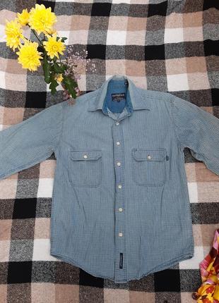 Мужская рубашка джинсовая в клетку деним джинс стиль