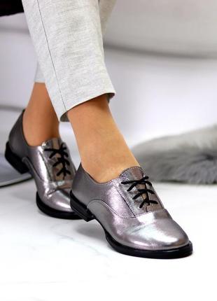 Шкіряні жіночі туфлі колір нікель,срібло.сірий4 фото