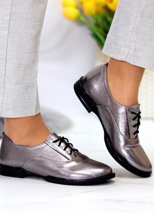 Кожаные женские туфли цвет никель,серебро.серый10 фото