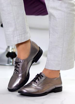Кожаные женские туфли цвет никель,серебро.серый8 фото