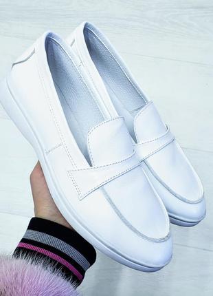 Белые лоферы кожаные р36-41 мокасины туфли балетки слипоны лофери мокасини туфлі білі7 фото