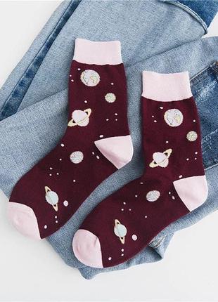 🪐космічні жіночі шкарпетки💥жіночі бордові жіночі шкарпетки, красиві, високі👍