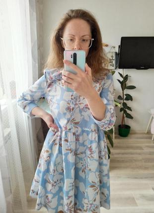Платье с завышенной талией цветы голубое1 фото