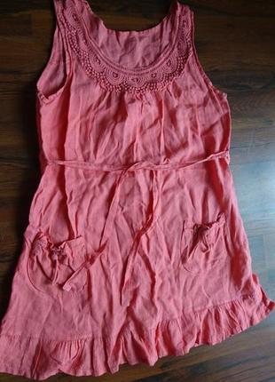 Платье сарафан с поясом, р. с-м, цвет коралл, 100%лен1 фото