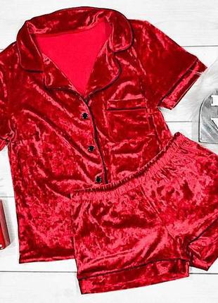 Велюровая рубашка с коротким рукавом+шорты. стильный домашний пижамный костюм. красный1 фото