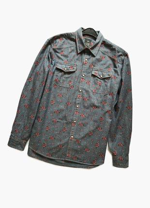Винтажная хлопковая джинсовая рубашка в цветочный принт на кнопках l xl1 фото